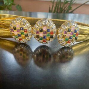 Judith Lieber Two Row Gold Tone Tubogas belt multi gemstone & rhinestone buckle